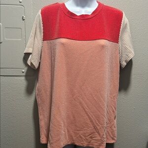 Elegant Red and Beige Short Sleeve Top